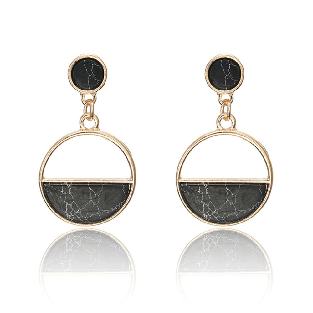 Golden Black Marble Dangle Long Earrings Gold - Picture 3 of 6